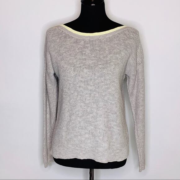 Eileen Fisher light gray yellow trim linen blend sweater size Petite Large PL - Picture 1 of 11